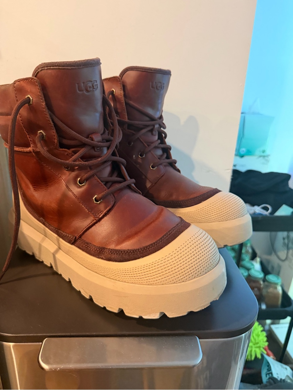 UGG Men's Brown Leather Rugged Lace-Up Boots with Cream Soles